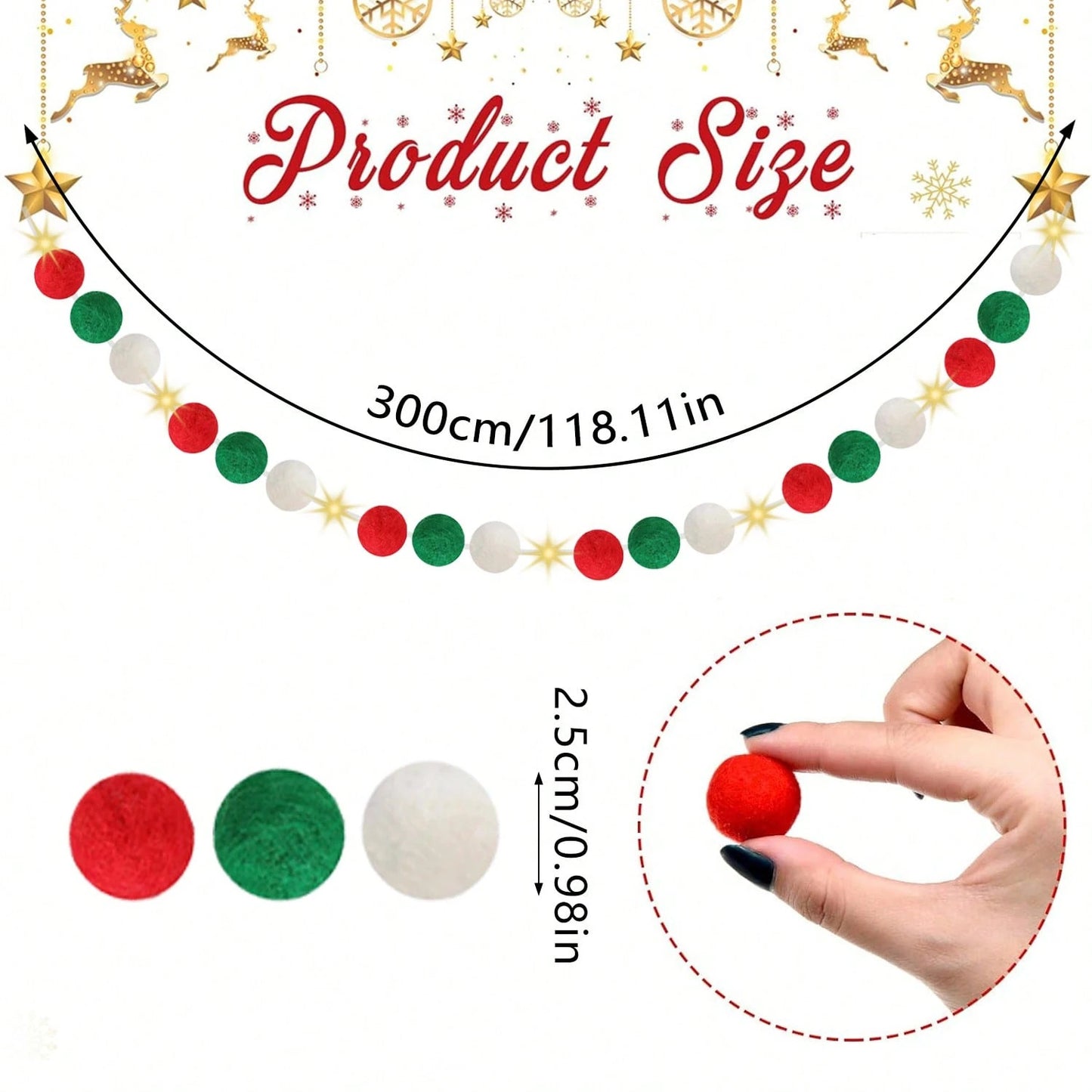100-Pack Christmas Pom Pom Garland with Battery String Lights – Red, Green & White Pompoms for DIY Crafts & Holiday Decorations