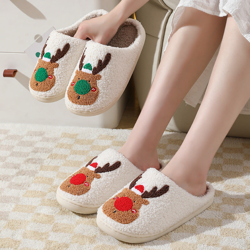 Christmas Reindeer Plush Slippers – Soft Fleece Lining, Warm & Anti-Slip Winter House Shoes