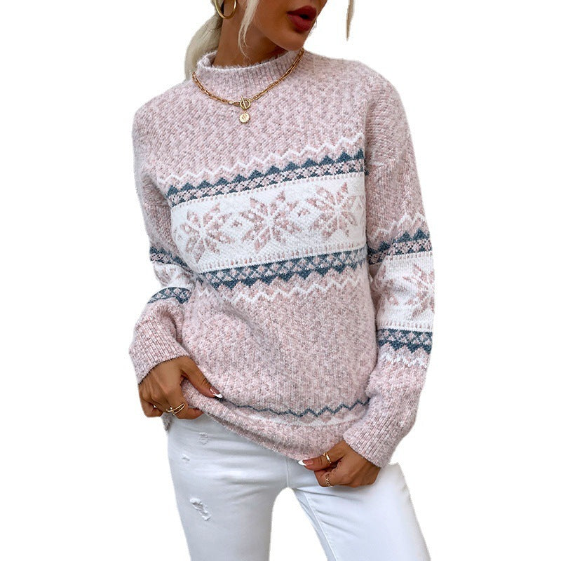 Women’s Winter Jacquard Sweater – Half Turtleneck Snowflake Knit Pullover