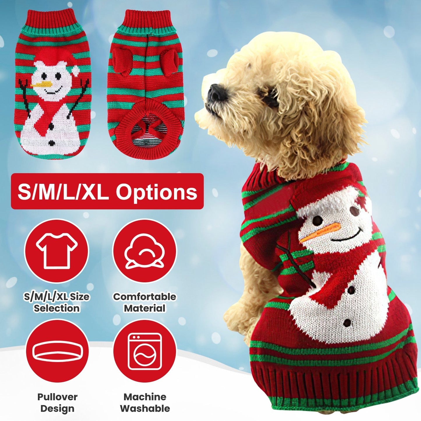 Pet Christmas Turtleneck Sweater - Snowman & Stripes Pattern