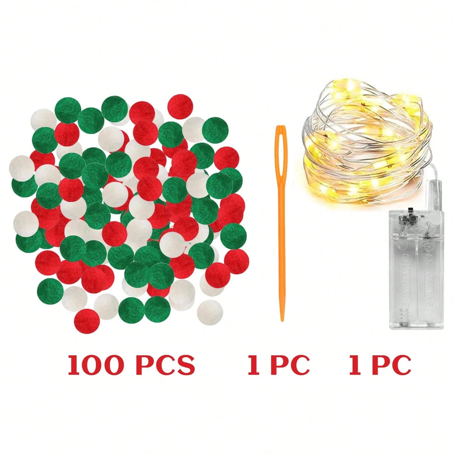 100-Pack Christmas Pom Pom Garland with Battery String Lights – Red, Green & White Pompoms for DIY Crafts & Holiday Decorations
