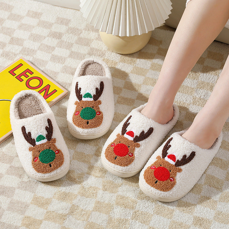 Christmas Reindeer Plush Slippers – Soft Fleece Lining, Warm & Anti-Slip Winter House Shoes