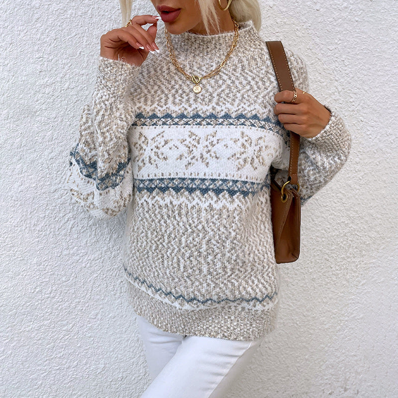 Women’s Winter Jacquard Sweater – Half Turtleneck Snowflake Knit Pullover
