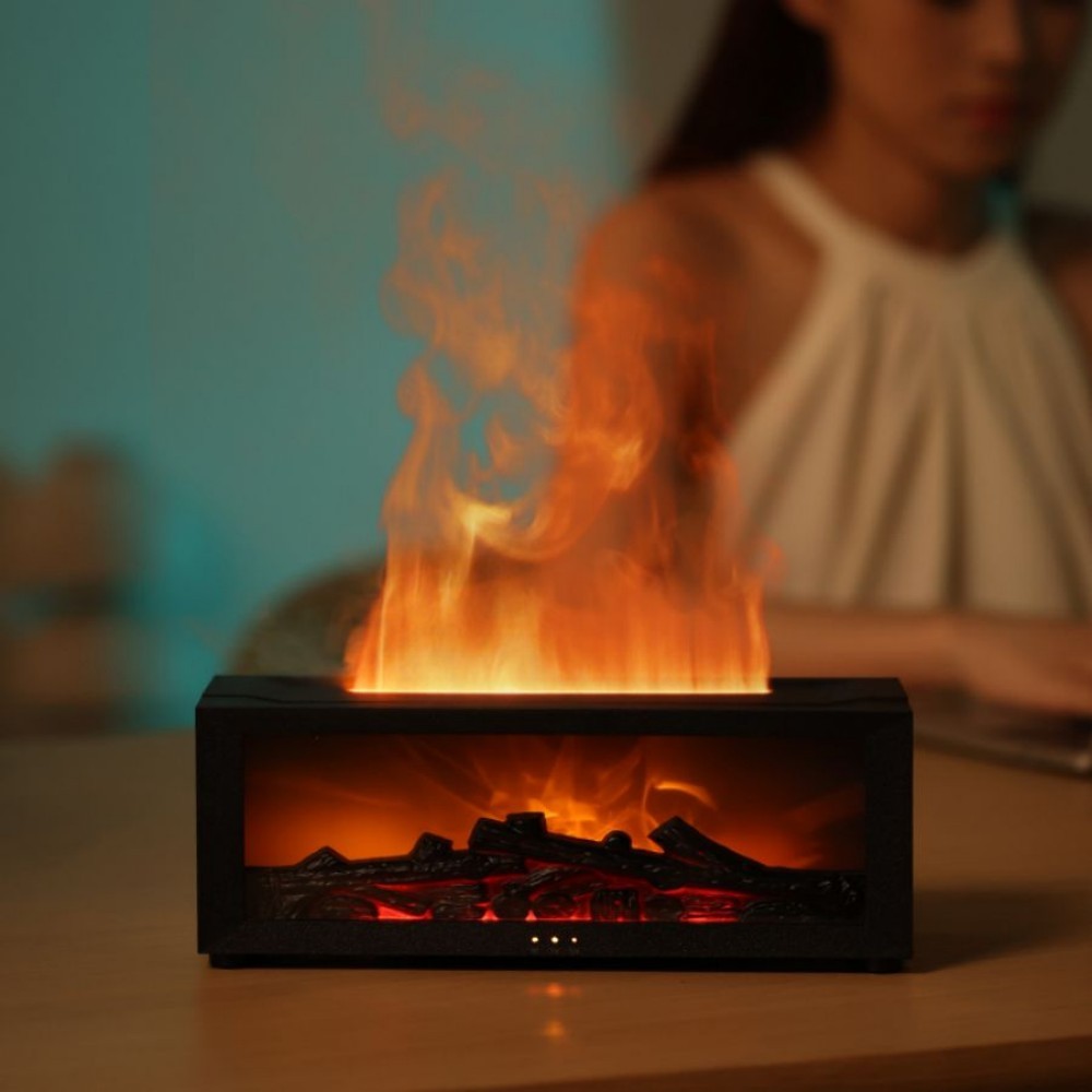 Flame Simulation Fireplace Aroma Diffuser – 150ml Ultrasonic Humidifier, Remote Control & Timer